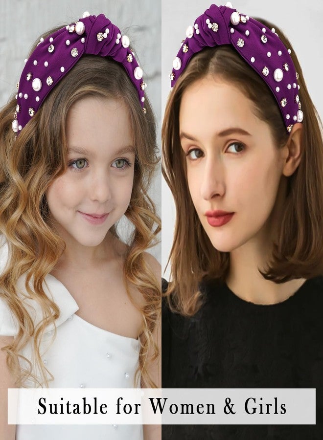 Atoden Pearl Knotted Rhinestone Wide Top Knot Beaded Jeweled Crystal Embellished Headbands for Women's Hair - Deep Purple - Image 3